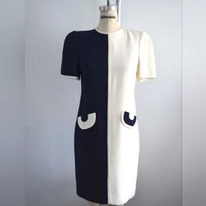 Liz Claiborne Vtg 1990 Color-Blocked Mod Midi Dress Off Cream & Navy Blue Sz 10